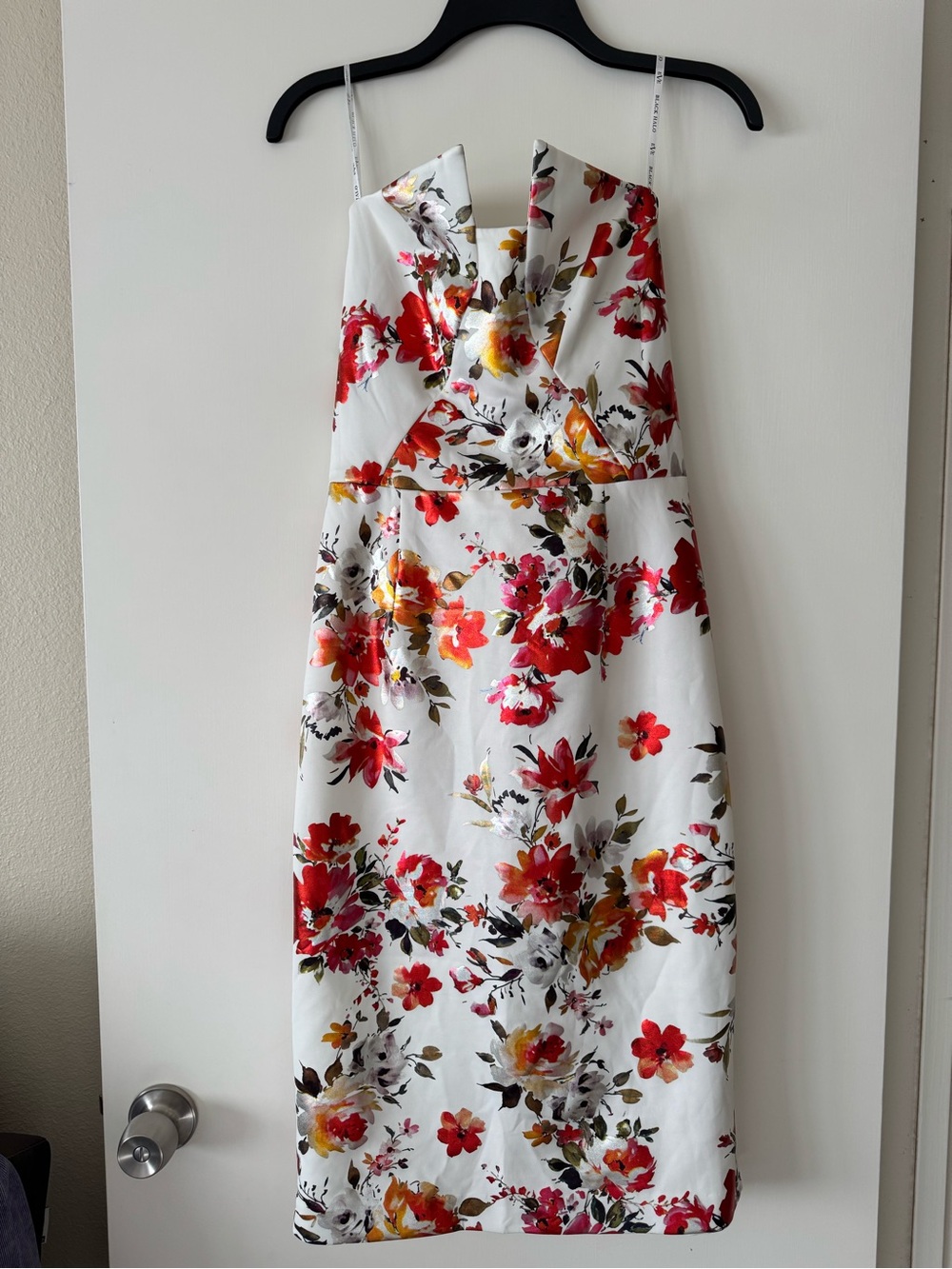Black Halo Strapless Floral Midi Dress in White with Red & Yellow Blooms